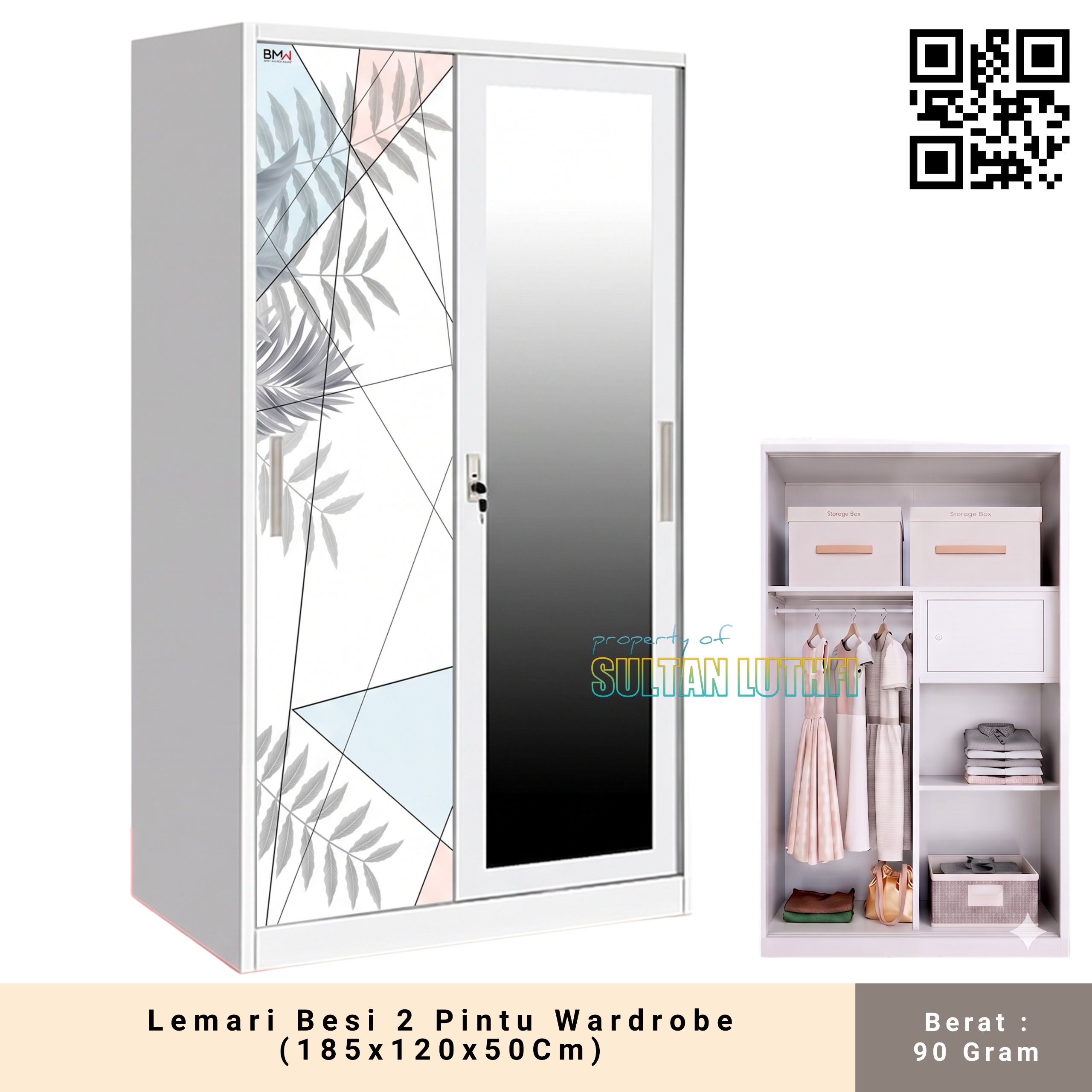 Lemari Besi 2 Pintu Wardrobe (185x120x50Cm)